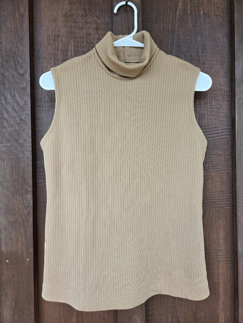 Vintage Camel Tan Ribbed Polyester Sleeveless Mock Neck Top
